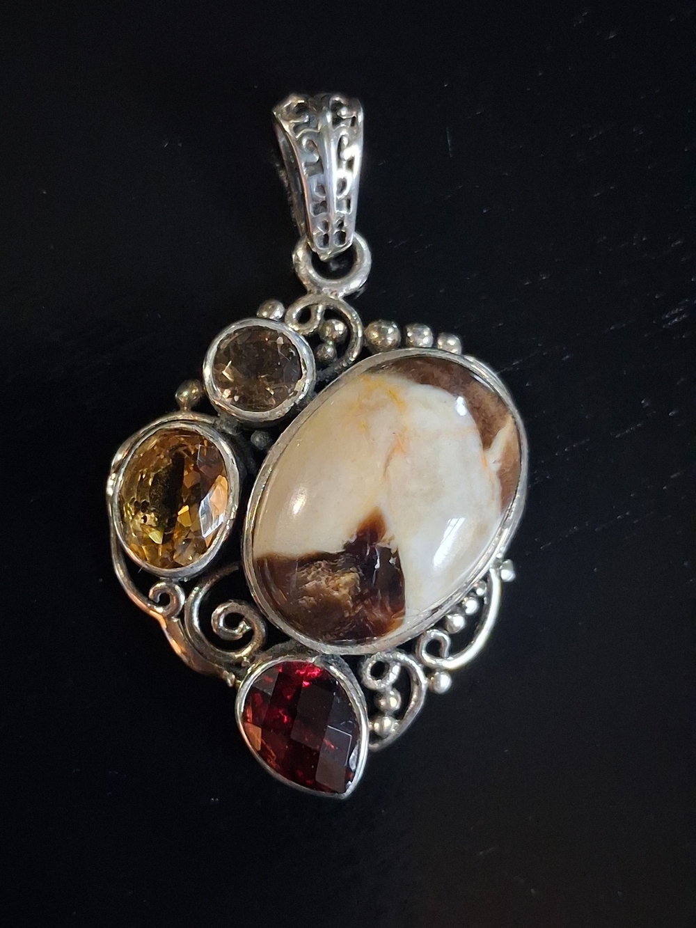 Peanut Wood Jasper, Garnet, Citrine, & Smoky Quartz Sterling Silver Pendant